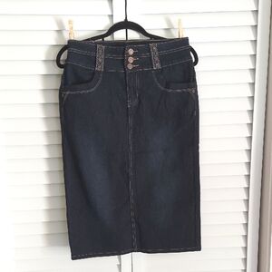 Fuze Skirt, Size 8, Midi,‎ Pencil, Dark Blue Denim, Cotton, Pockets, Wide Waist